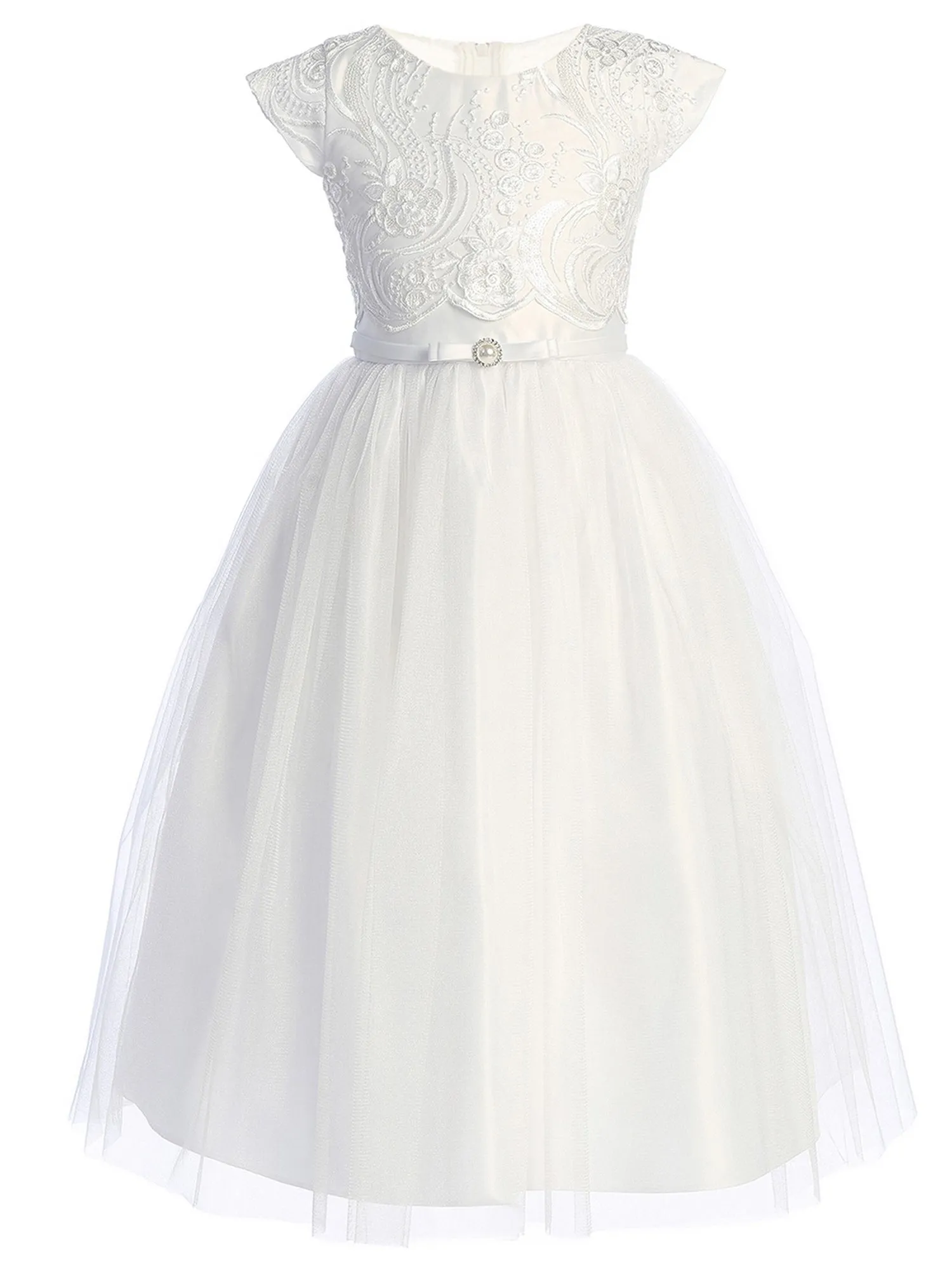 Girls Satin Tulle Dress with Lace Pop Over Top and Satin Double Bow, Sizes 2-16