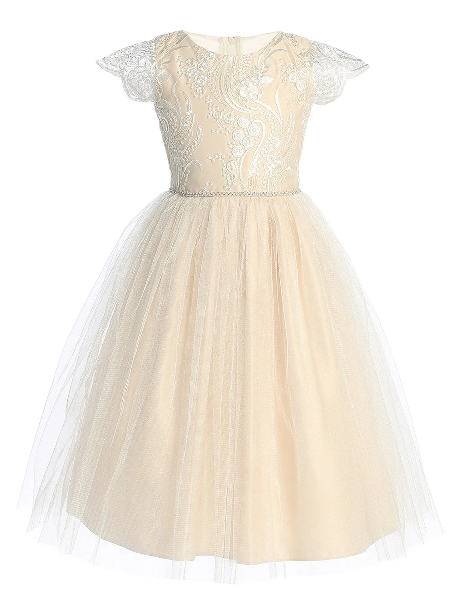 Girls Sequin Lace Top Dress with Satin and Crystal Tulle Skirt and Petite Rhinestone Waist Trim, Sizes 2-16