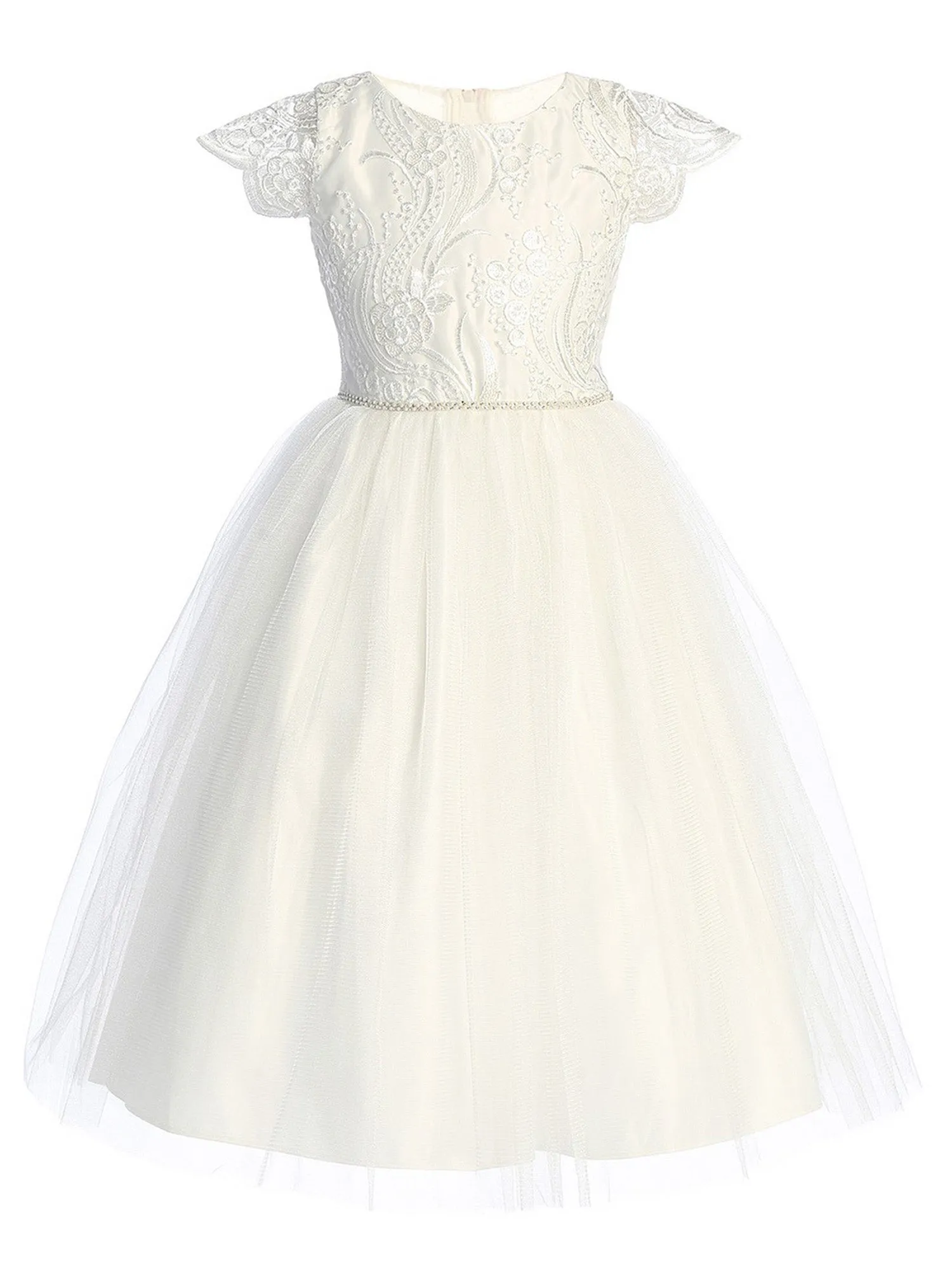 Girls Sequin Lace Top Dress with Satin and Crystal Tulle Skirt and Petite Rhinestone Waist Trim, Sizes 2-16