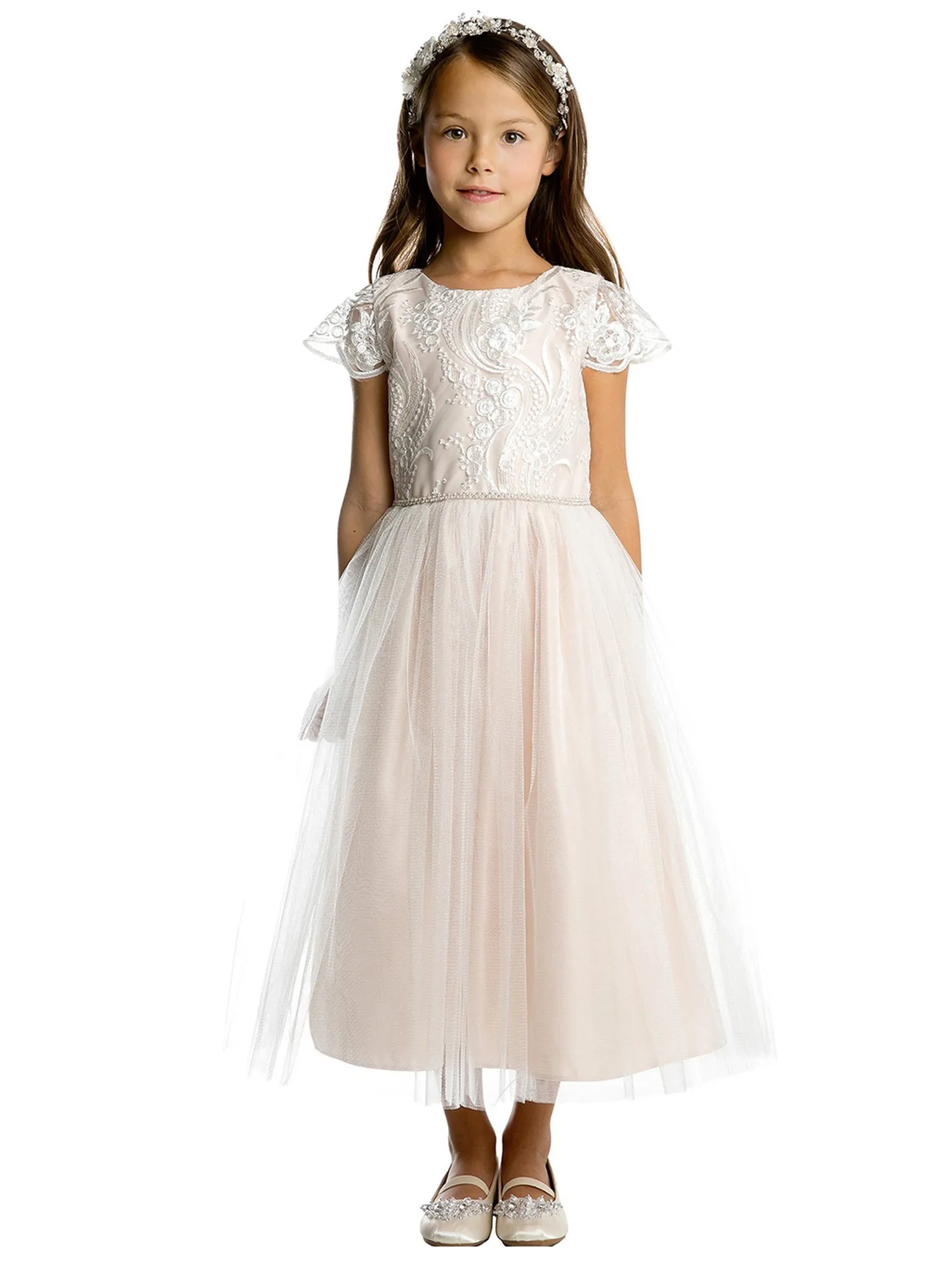 Girls Sequin Lace Top Dress with Satin and Crystal Tulle Skirt and Petite Rhinestone Waist Trim, Sizes 2-16