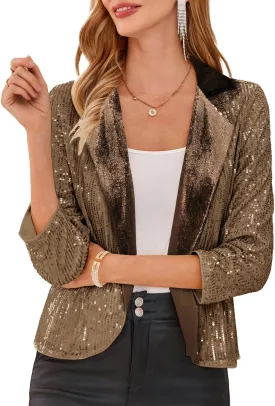 GRACE KARIN Sequin Blazer - Sparkly Sequin Jacket with Ruched 3/4 Sleeves and Open Front