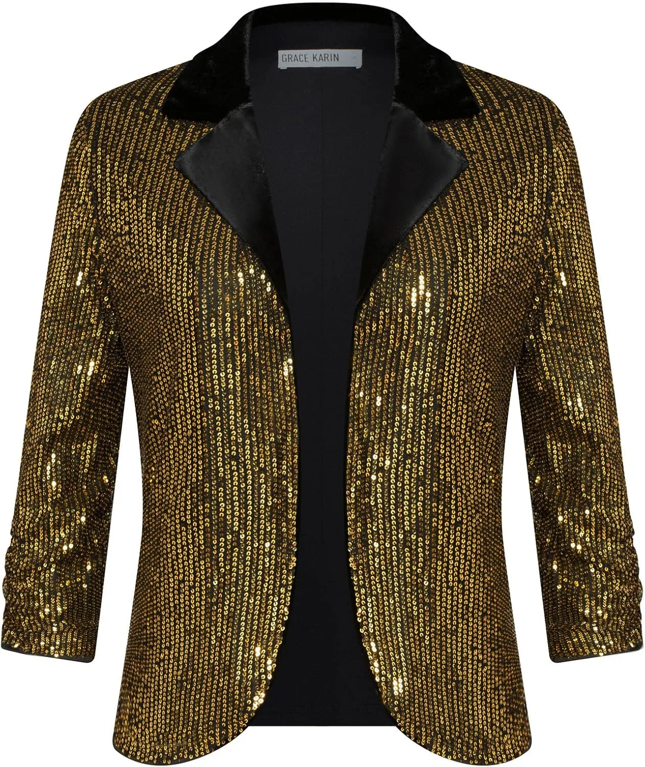 GRACE KARIN Sequin Blazer - Sparkly Sequin Jacket with Ruched 3/4 Sleeves and Open Front
