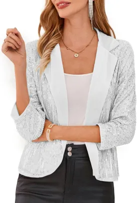 GRACE KARIN Sequin Blazer - Sparkly Sequin Jacket with Ruched 3/4 Sleeves and Open Front