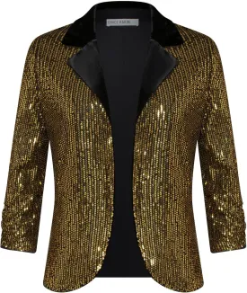 GRACE KARIN Sequin Blazer - Sparkly Sequin Jacket with Ruched 3/4 Sleeves and Open Front
