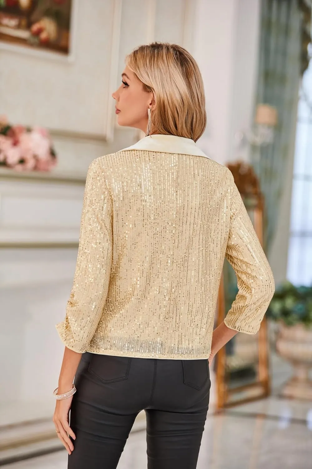 GRACE KARIN Sequin Blazer - Sparkly Sequin Jacket with Ruched 3/4 Sleeves and Open Front