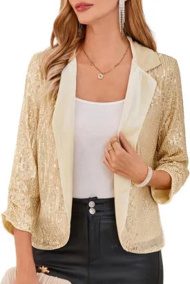 GRACE KARIN Sequin Blazer - Sparkly Sequin Jacket with Ruched 3/4 Sleeves and Open Front