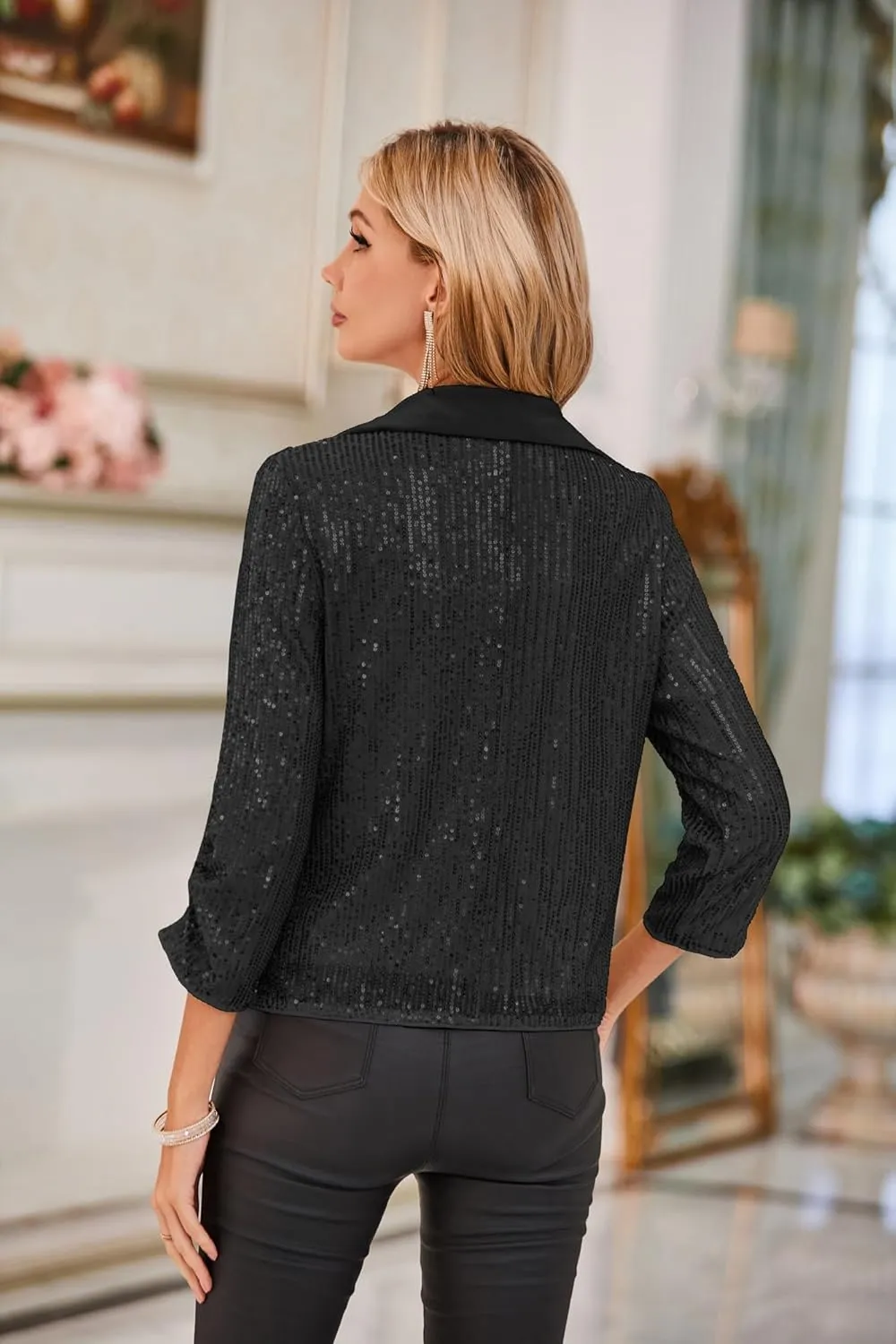 GRACE KARIN Sequin Blazer - Sparkly Sequin Jacket with Ruched 3/4 Sleeves and Open Front