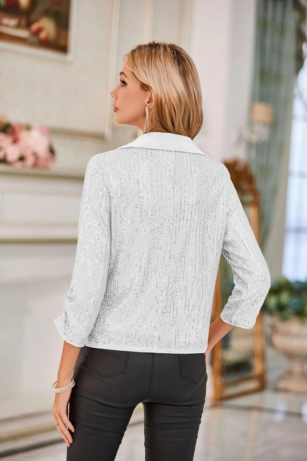 GRACE KARIN Sequin Blazer - Sparkly Sequin Jacket with Ruched 3/4 Sleeves and Open Front