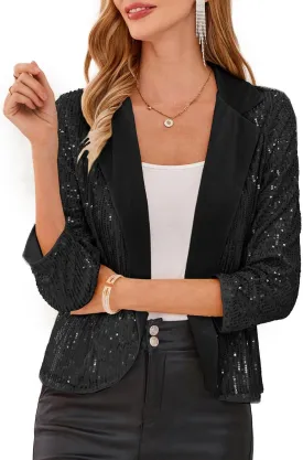 GRACE KARIN Sequin Blazer - Sparkly Sequin Jacket with Ruched 3/4 Sleeves and Open Front