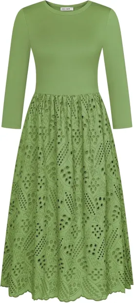 GRACE KARIN Womens Summer 3/4 Sleeve Dress with Pockets A Line Midi Eyelet Dress Empire Waist Casual Fall Flowy Dress
