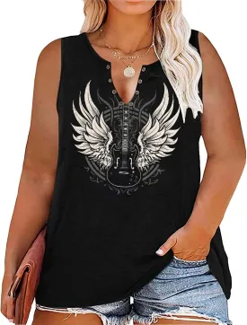 Guitar Wings Tank Tops for Women Retro Country Music Shirt Rock Guitar Graphic Tees Casual V Neck Sleeveless Vest Cami