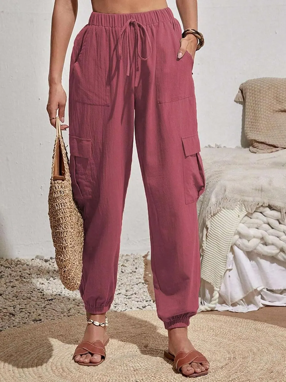 GUOLEZEEV High Waisted Jogger Pants Loose Hiking Joggers for Women Casual Lightweight Tapered Cargo Pants with Pockets
