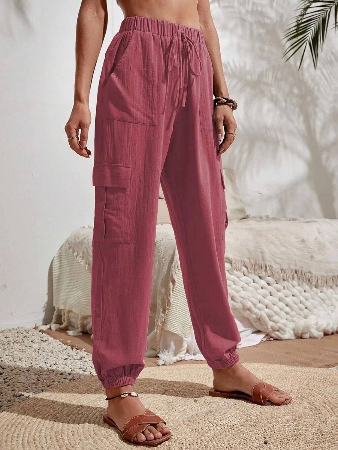 GUOLEZEEV High Waisted Jogger Pants Loose Hiking Joggers for Women Casual Lightweight Tapered Cargo Pants with Pockets