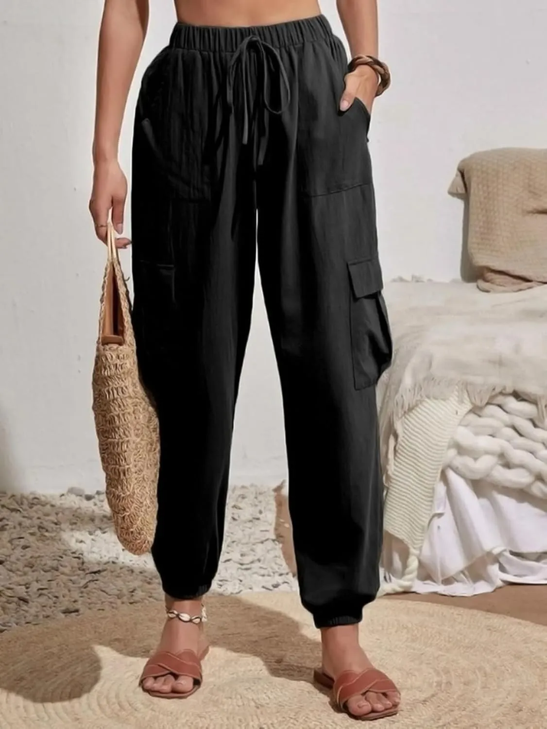 GUOLEZEEV High Waisted Jogger Pants Loose Hiking Joggers for Women Casual Lightweight Tapered Cargo Pants with Pockets