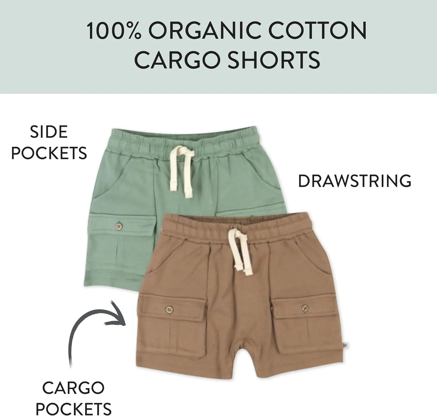 HonestBaby unisex-baby 2-pack Cargo Shorts 100% Organic Cotton for Infant Baby and Toddler, Boys, Girls