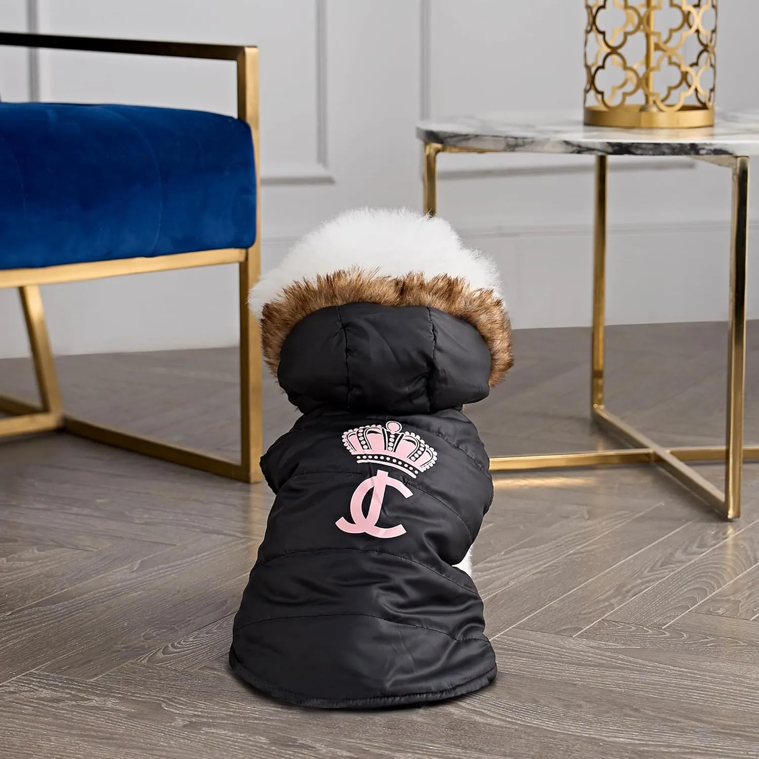 Juicy Couture Faux Fur Hooded Pet Jacket for Dogs and Cats - Medium/Large