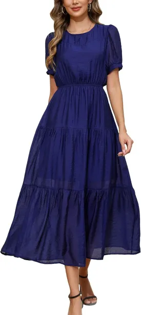 Kormei Women's Summer Casual Short Sleeve Round Neck Eastic Waist Tiered Boho Plain Beach Flowy Maxi Dress