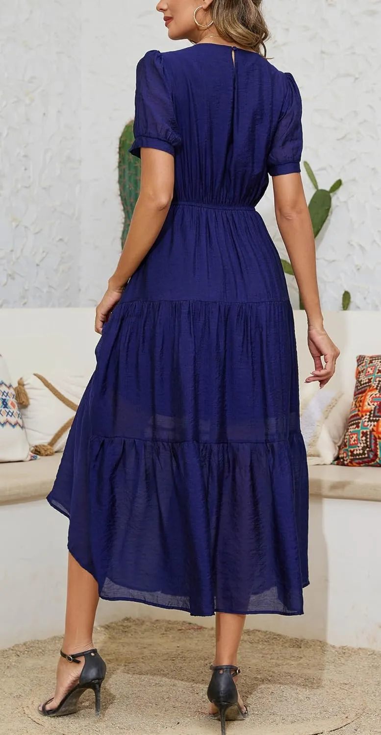 Kormei Women's Summer Casual Short Sleeve Round Neck Eastic Waist Tiered Boho Plain Beach Flowy Maxi Dress