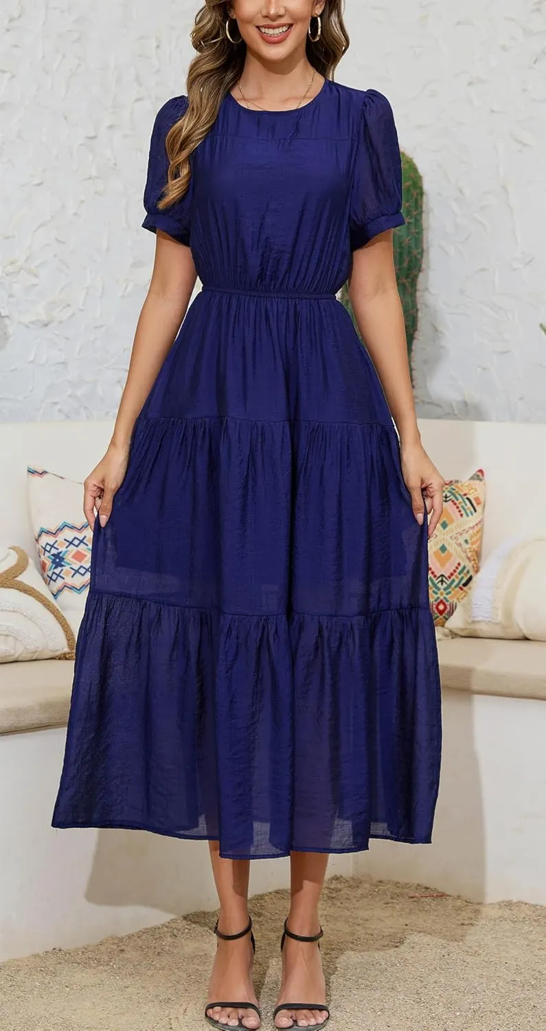 Kormei Women's Summer Casual Short Sleeve Round Neck Eastic Waist Tiered Boho Plain Beach Flowy Maxi Dress