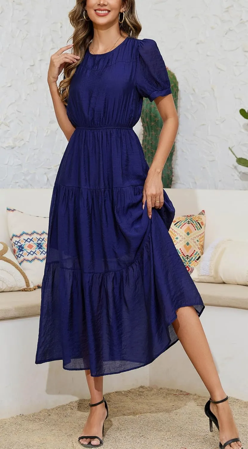 Kormei Women's Summer Casual Short Sleeve Round Neck Eastic Waist Tiered Boho Plain Beach Flowy Maxi Dress