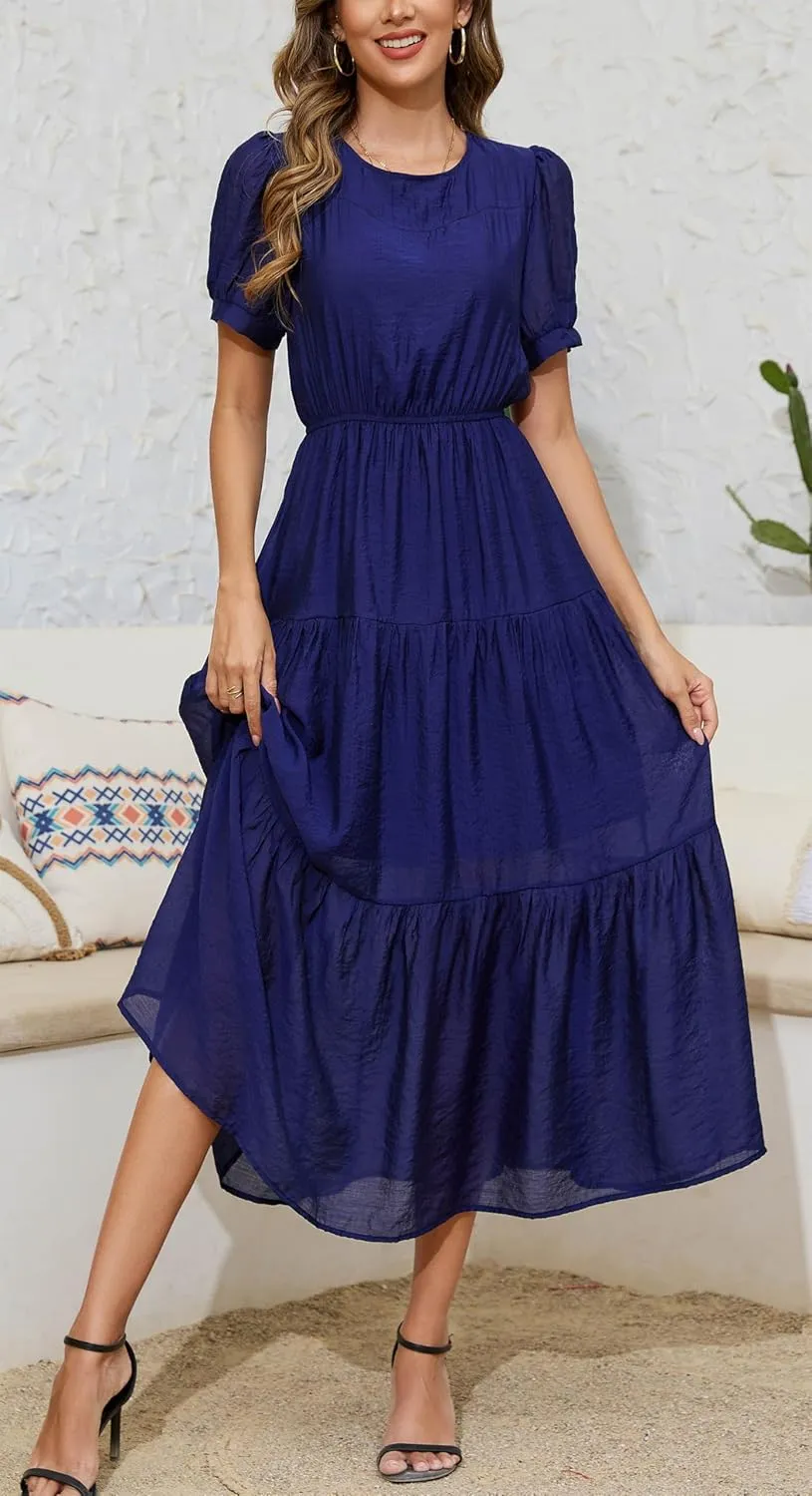 Kormei Women's Summer Casual Short Sleeve Round Neck Eastic Waist Tiered Boho Plain Beach Flowy Maxi Dress
