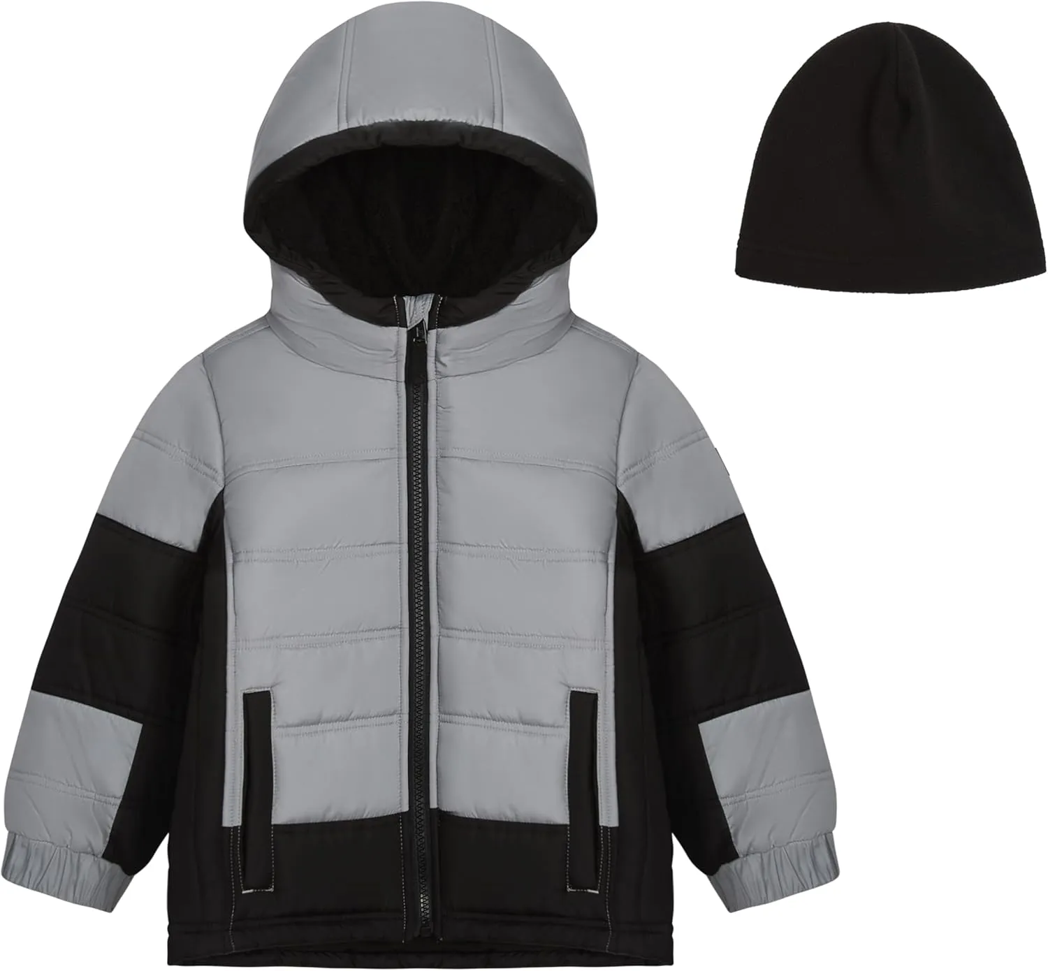 LONDON FOG Boys' Sporty Heavyweight Hooded Puffer Jacket and Fleece Beanie