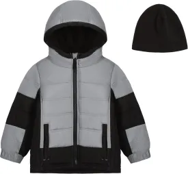 LONDON FOG Boys' Sporty Heavyweight Hooded Puffer Jacket and Fleece Beanie