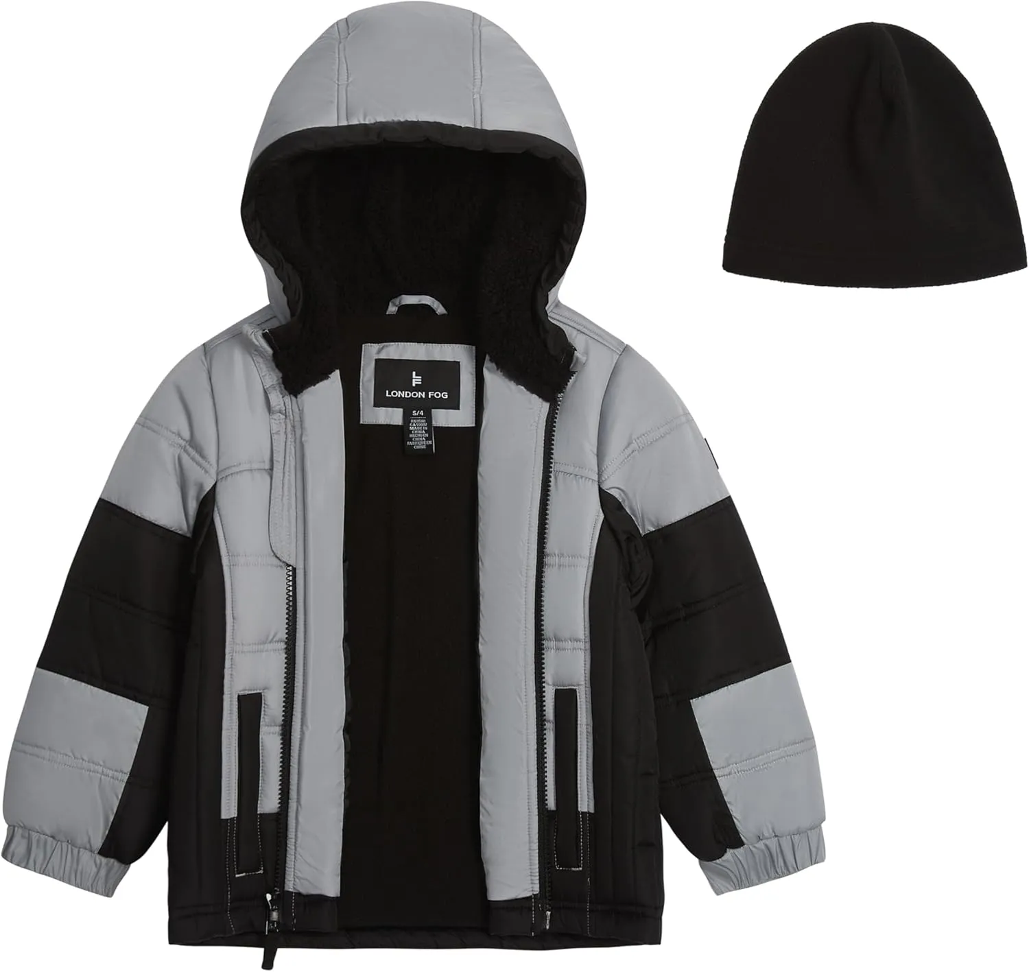 LONDON FOG Boys' Sporty Heavyweight Hooded Puffer Jacket and Fleece Beanie