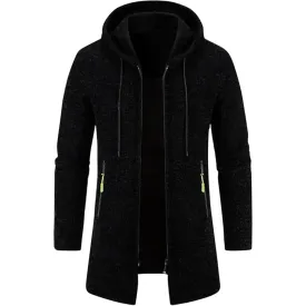 Maiyifu-GJ Mens Solid Knit Hooded Cardigan Slim Fit Casual Lightweight Longline Cardigans Full Zip Long Open Front Sweater (BlackA1,Large)