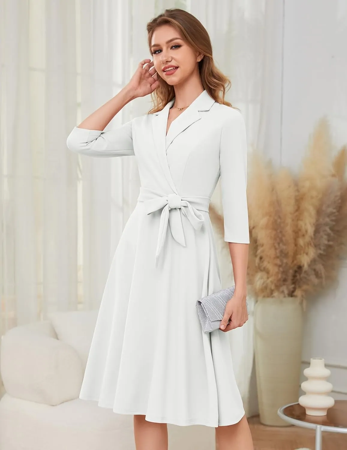 Meetjen Women's V-Neck Formal Dresses 3/4 Sleeve Modest Church Fit and Flare Cocktail Dress for Wedding Guest