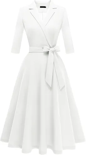 Meetjen Women's V-Neck Formal Dresses 3/4 Sleeve Modest Church Fit and Flare Cocktail Dress for Wedding Guest