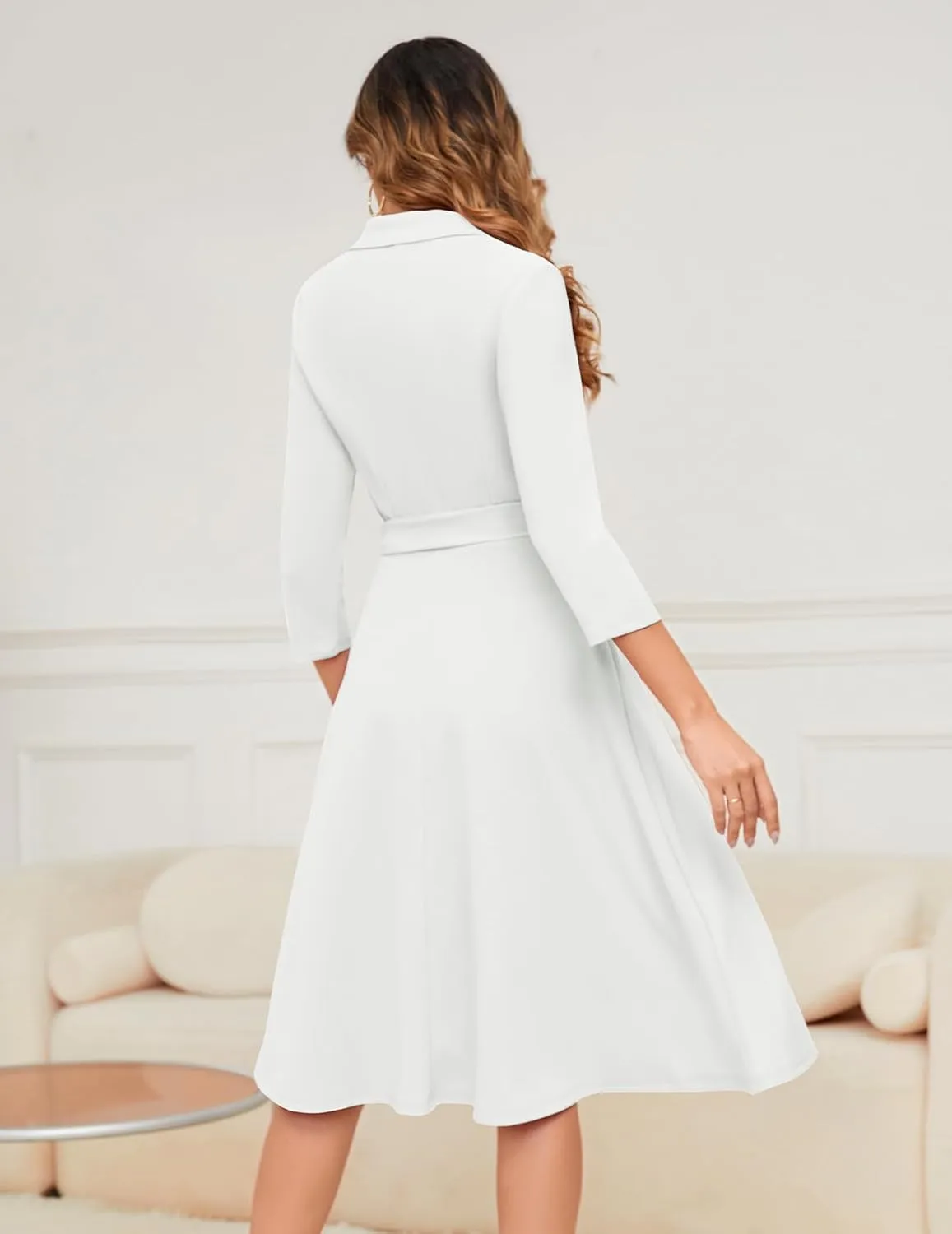 Meetjen Women's V-Neck Formal Dresses 3/4 Sleeve Modest Church Fit and Flare Cocktail Dress for Wedding Guest