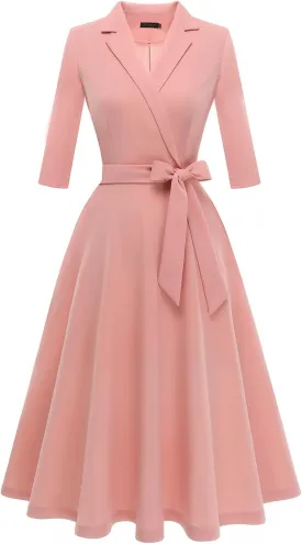 Meetjen Women's V-Neck Formal Dresses 3/4 Sleeve Modest Church Fit and Flare Cocktail Dress for Wedding Guest