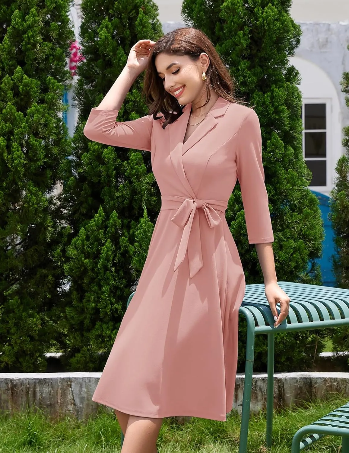 Meetjen Women's V-Neck Formal Dresses 3/4 Sleeve Modest Church Fit and Flare Cocktail Dress for Wedding Guest