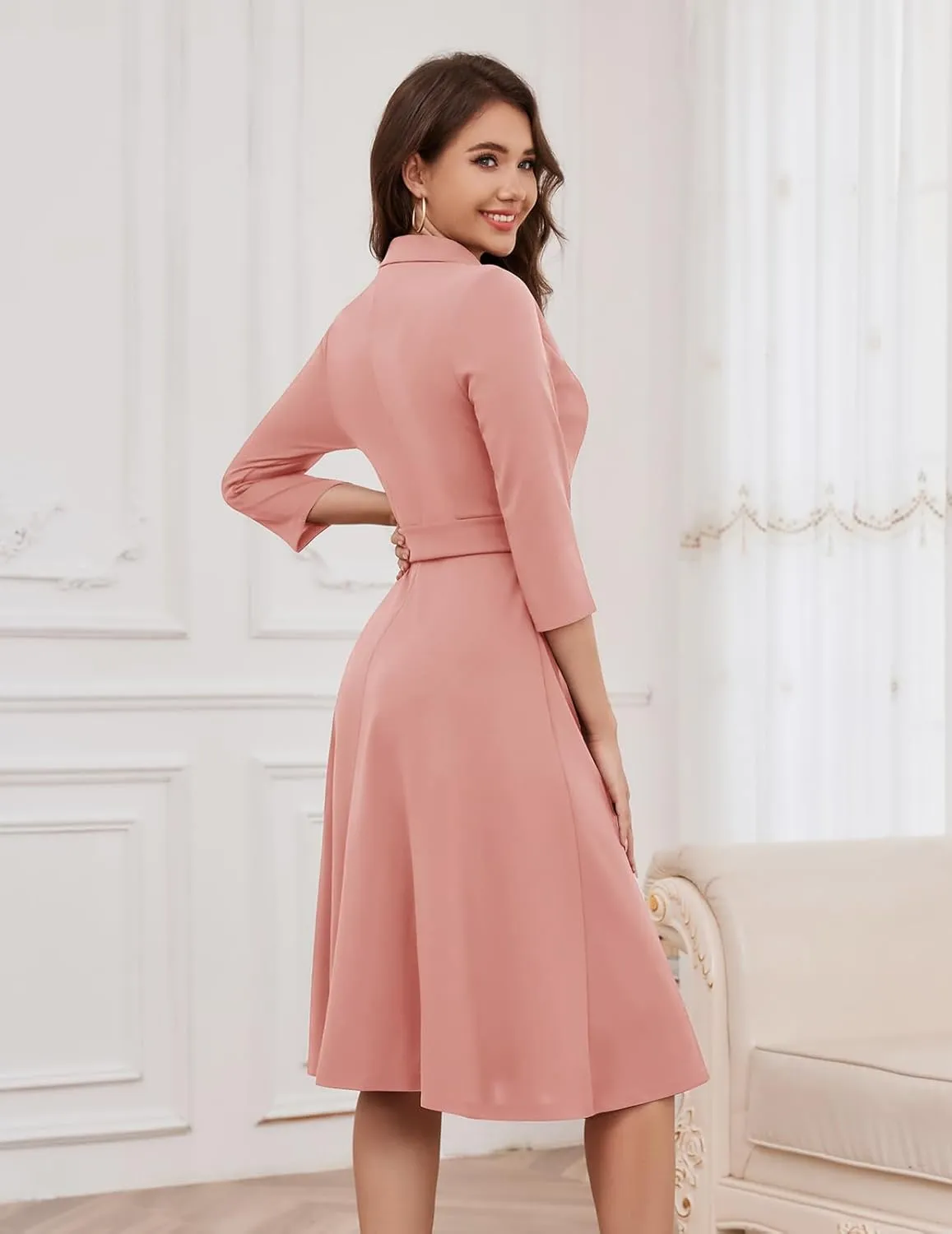 Meetjen Women's V-Neck Formal Dresses 3/4 Sleeve Modest Church Fit and Flare Cocktail Dress for Wedding Guest