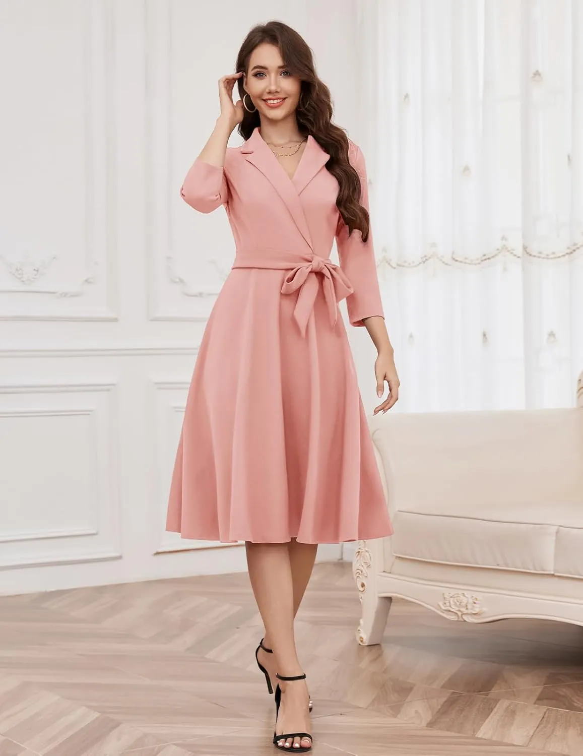 Meetjen Women's V-Neck Formal Dresses 3/4 Sleeve Modest Church Fit and Flare Cocktail Dress for Wedding Guest