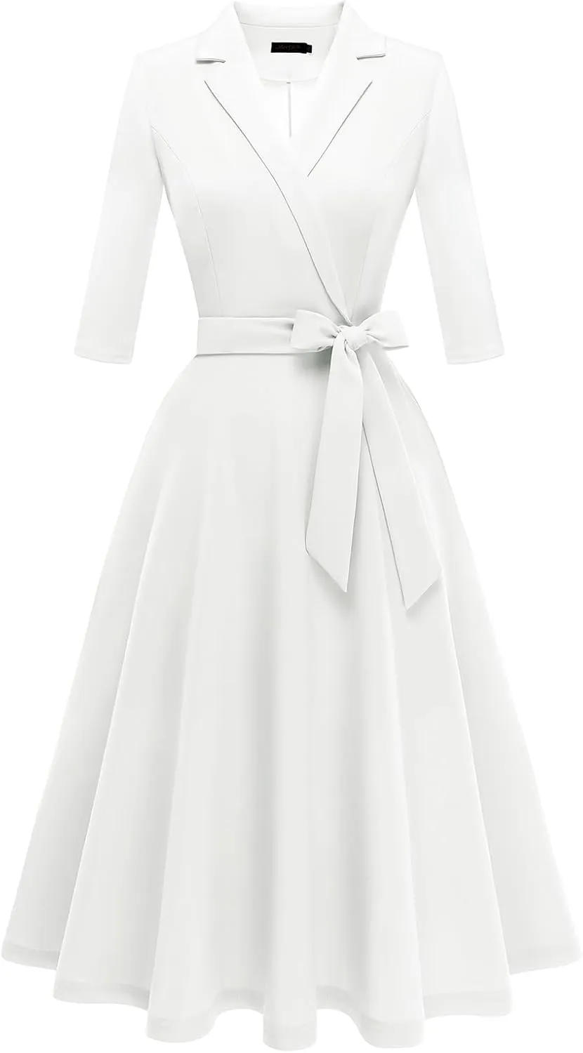 Meetjen Women's V-Neck Formal Dresses 3/4 Sleeve Modest Church Fit and Flare Cocktail Dress for Wedding Guest