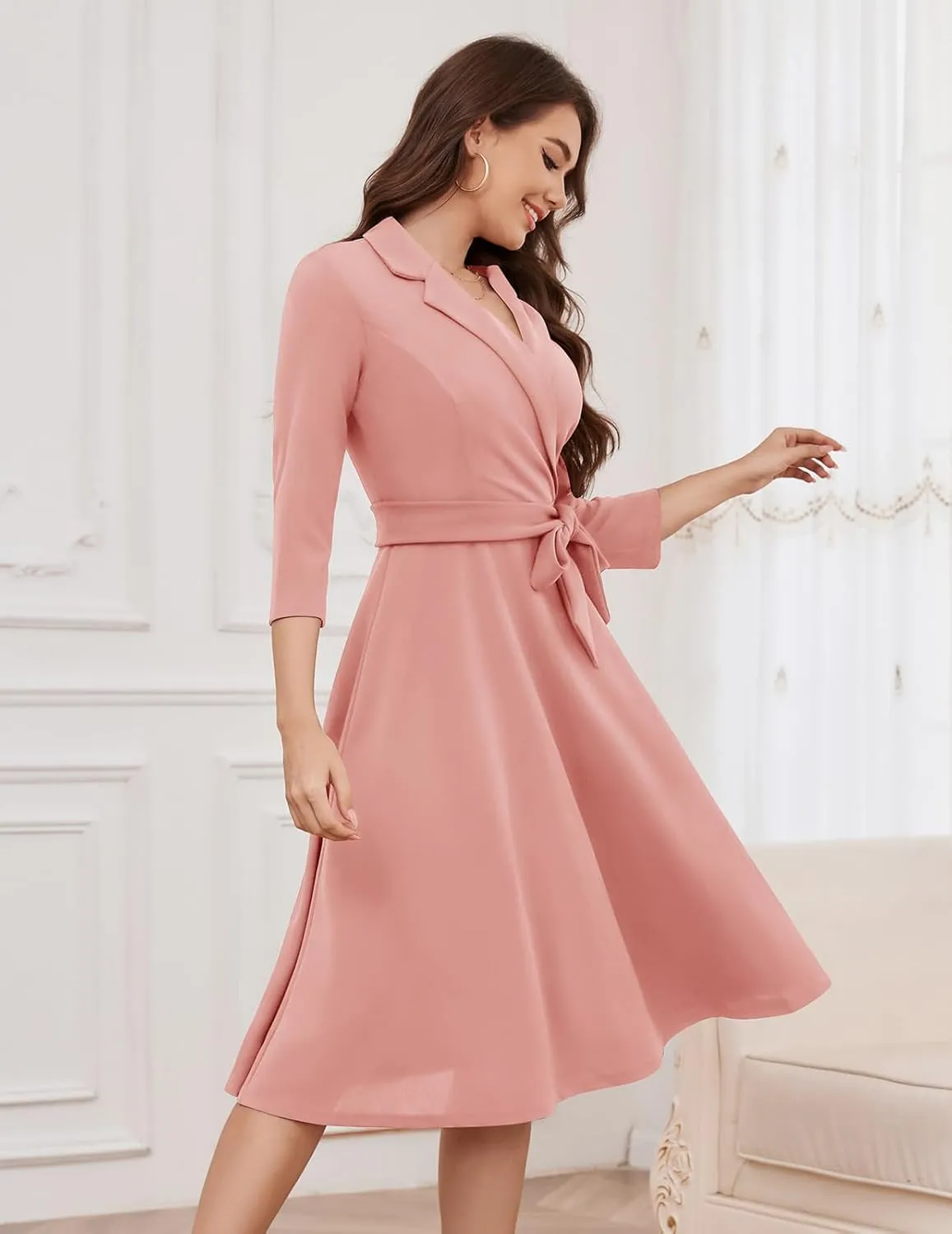 Meetjen Women's V-Neck Formal Dresses 3/4 Sleeve Modest Church Fit and Flare Cocktail Dress for Wedding Guest