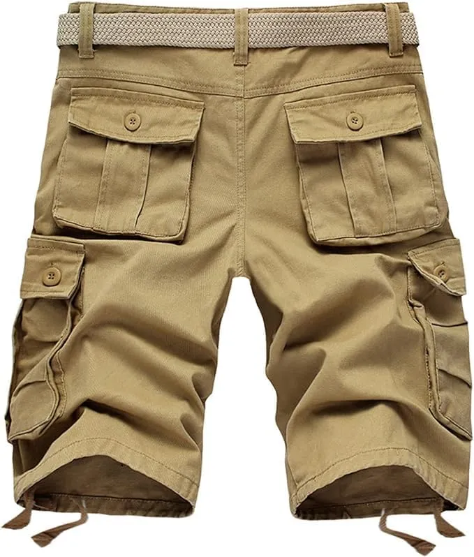 Men's Elastic Waist Cargo Shorts Lightweight Summer Outdoor Multi-Pocket Cotton Short Casual Short Pants No Belt