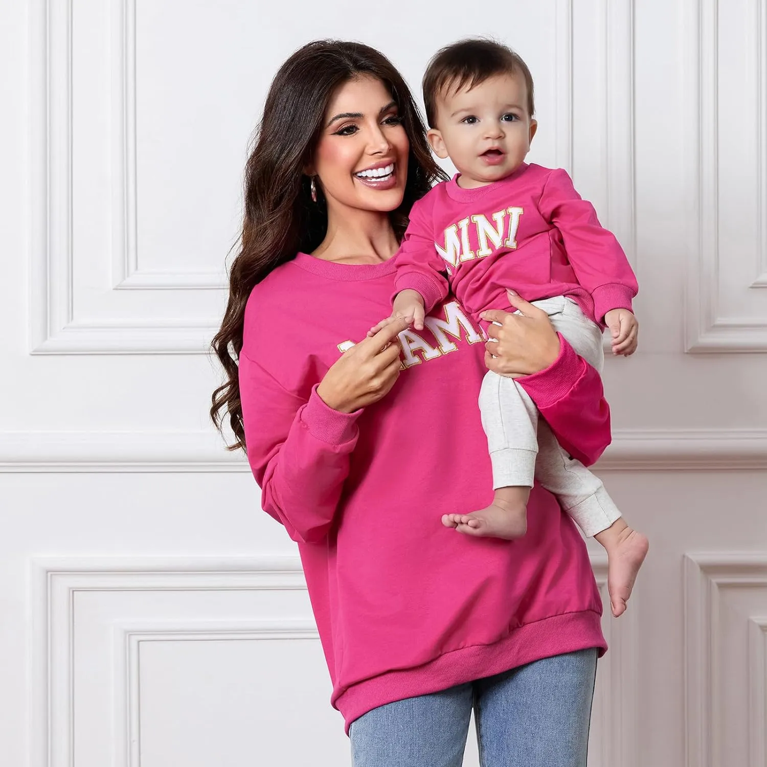 Mommy and Me Letter Print Matching Family Outfits Long Sleeve Crewneck Casual Sweatshirt T-Shirt