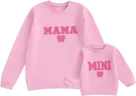 Mommy and Me Letter Print Matching Family Outfits Long Sleeve Crewneck Casual Sweatshirt T-Shirt