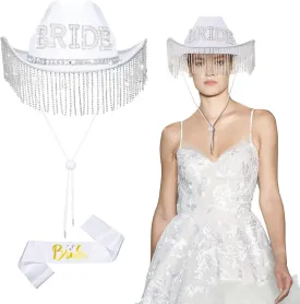 Patelai 2 Pcs Bride Cowboy Cowgirl Hat with Rhinestone Tassels and Bride Sash, Bachelorette Party Favors Wedding Bridal Gift