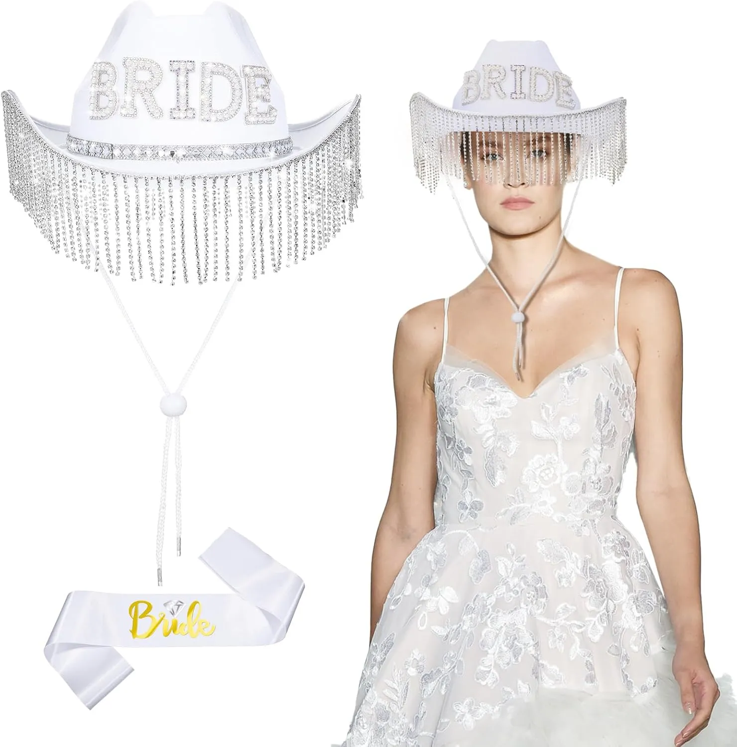 Patelai 2 Pcs Bride Cowboy Cowgirl Hat with Rhinestone Tassels and Bride Sash, Bachelorette Party Favors Wedding Bridal Gift