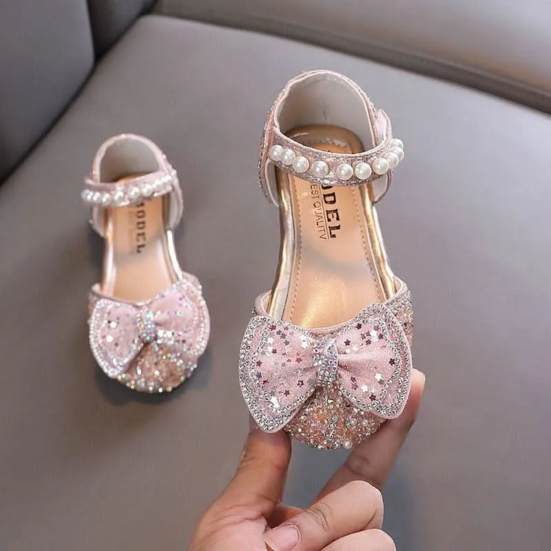Pearl Bow Decor Girls' Shoes Stylish and Comfortable Girls' Dress Shoes Shiny Girls' Shoes with Elegant Pearl Design