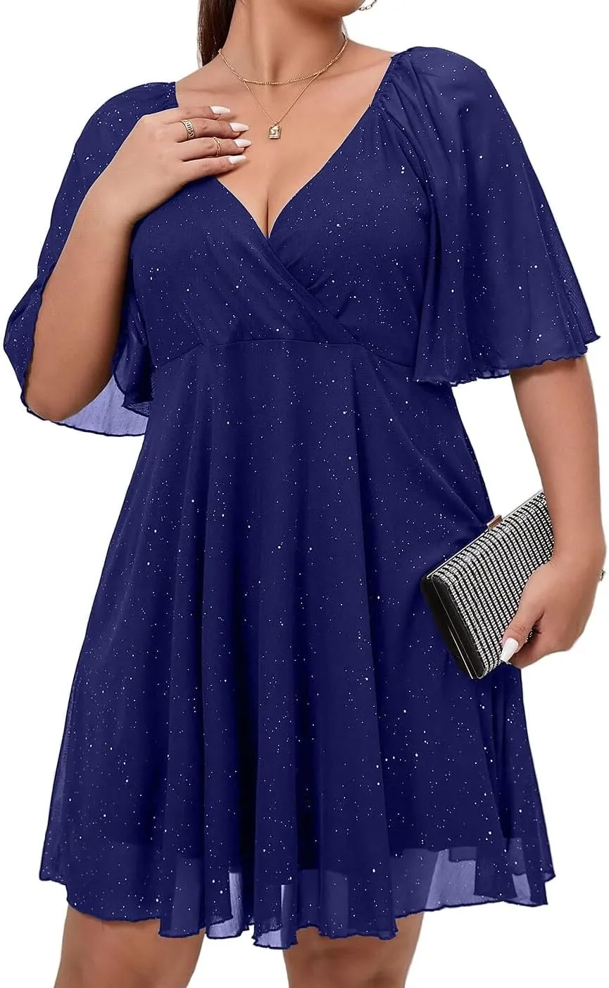 Plus Size Cap Sleeves Long Sleeves V Neck Sequins Skater Cocktail Club Dress