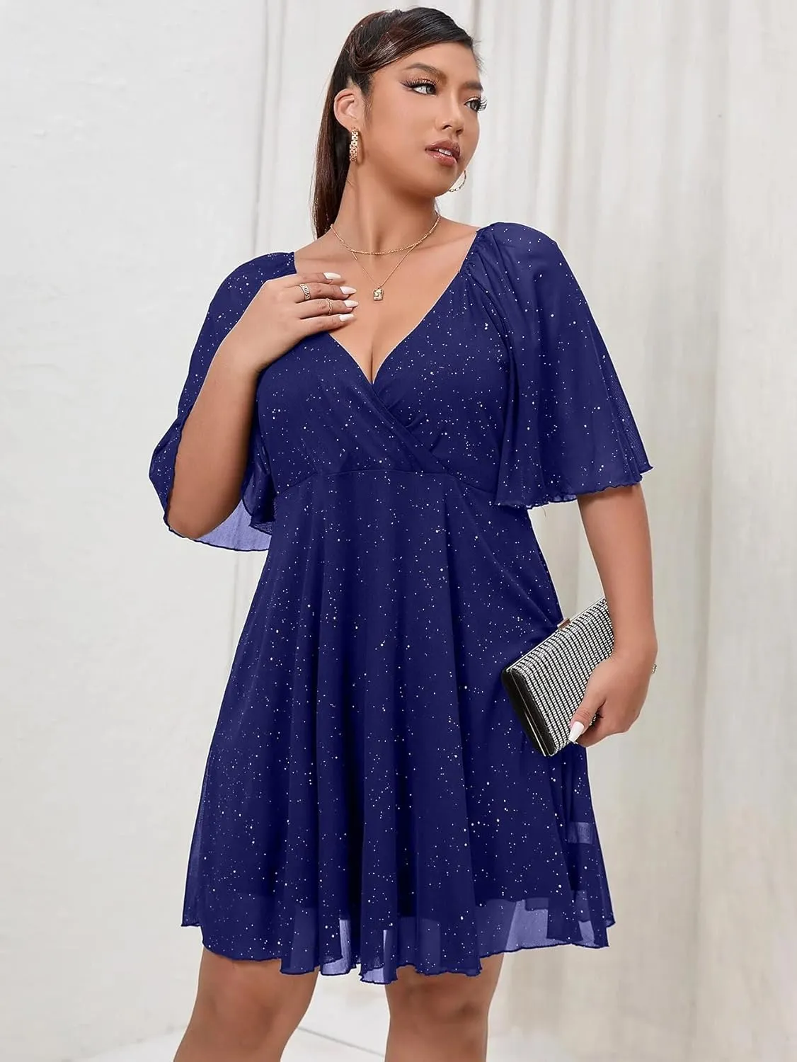 Plus Size Cap Sleeves Long Sleeves V Neck Sequins Skater Cocktail Club Dress