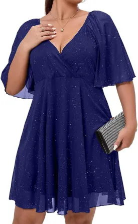 Plus Size Cap Sleeves Long Sleeves V Neck Sequins Skater Cocktail Club Dress