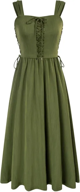 Scarlet Darkness Women Renaissance Summer Midi Dress Cottagecore Sleeveless Lace Up Dress