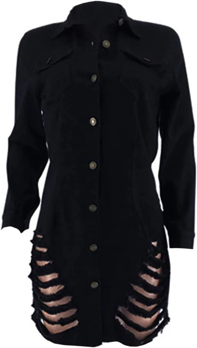 SEMATOMALA Women's Distressed Button Down Denim Dress Lapel Turn Down Collar Shirt Ripped Hole Jeans Mini Dresses Clubwear