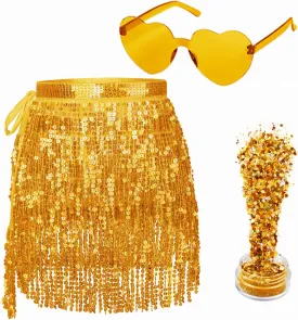 Sequin Skirt - Belly Dance Hip Scarf Sequin Tassel Skirt Fringe Skirt Rave with Heart Sunglasses and Face Glitter(One Size)